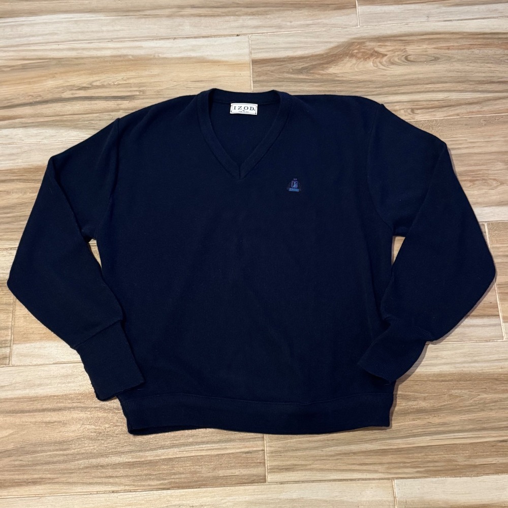 Vintage Izod V-Neck Sweater Mens XL Navy Blue Pullover Made in USA Crest Logo